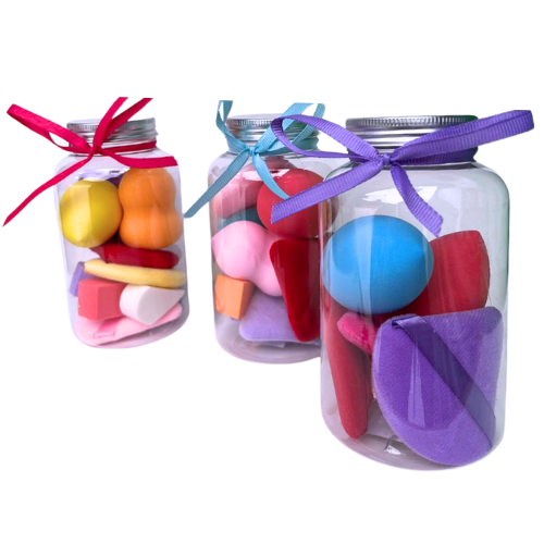 KIT DE VARIEDAD DE ESPONJAS Y BORLAS EN ESTUCHE CON MOÑO