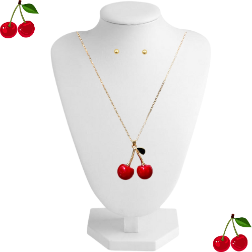 SET DE COLLAR DE CEREZA CON ARETES REDONDOS DORADOS FASHION