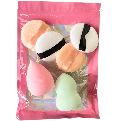 SET DE BEAUTY BLENDER Y BORLAS EN BOLSITA HOLOGRÁFICA