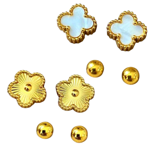 [B9144] DÚO DE ARETES VAN CLEEF Y PERLITA DORADA EN ACERO INOXIDABLE