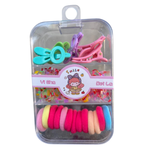 SET DE COLA, HULE Y GANCHO PARA CABELLO CON CAJA ACRILICA