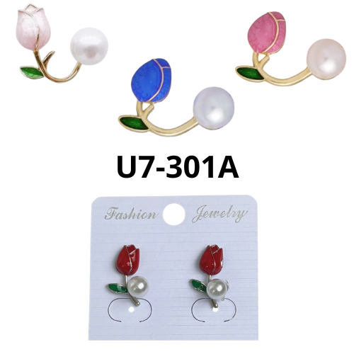 PAR DE ARETES DE TULIPAN DE COLORES Y PERLA BLANCA U7-301A