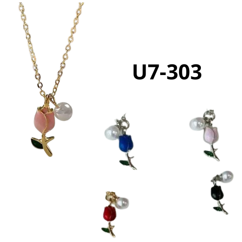 COLLAR CON DIJE DE TULIPAN DE COLORES Y PERLA BLANCA U7-303