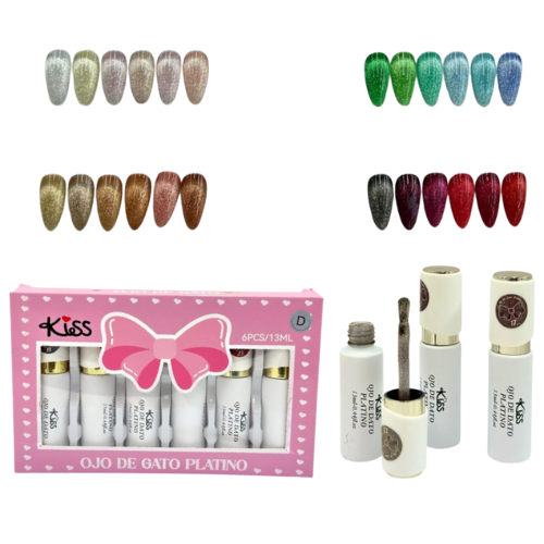 SET DE 6 GELISH MAGNETICOS KISS OJO DE GATO PLATINO