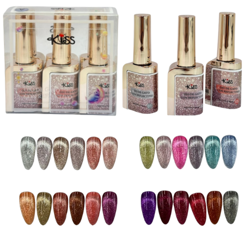 SET DE 6 GELISH MAGNETICOS KISS OJO DE GATO CON REFLECTIVO