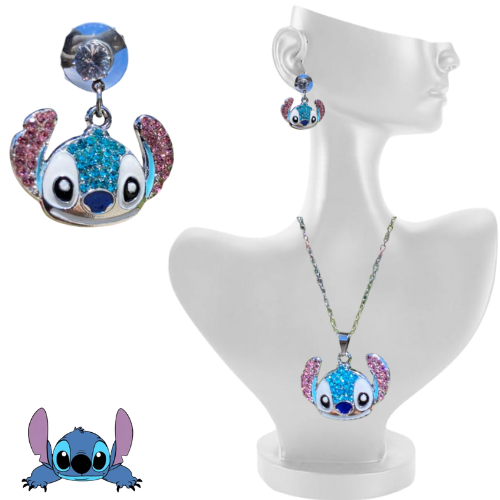 DUO DE COLLAR Y ARETES DE STICH CON PEDRERÍA