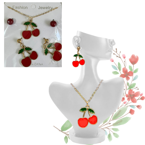 KIT DE 2 PARES DE ARETES Y COLLAR DE CEREZAS DE ACERO