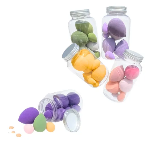 FRASCO DE ESPONJAS PARA MAQUILLAJE CON TAPA PLATEADA