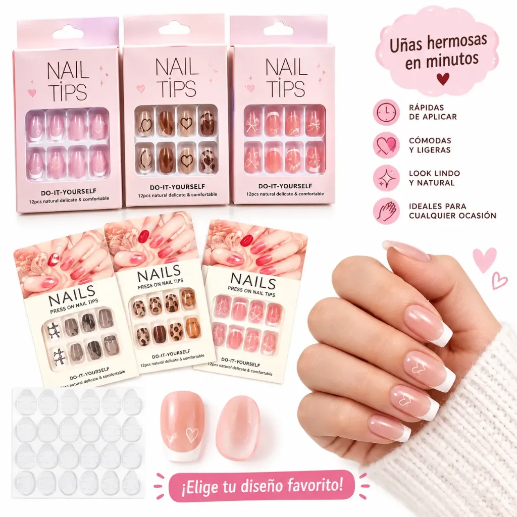 [PRESSURTIDA] UÑAS PRESS ON CON PEGATINA EN COLORES Y DISEÑOS SURTIDOS