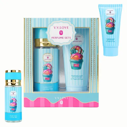 SET DE CREMA 75ML Y PERFUME 100ML EN CAJA CELESTE  VV LOVE PARA CHICA