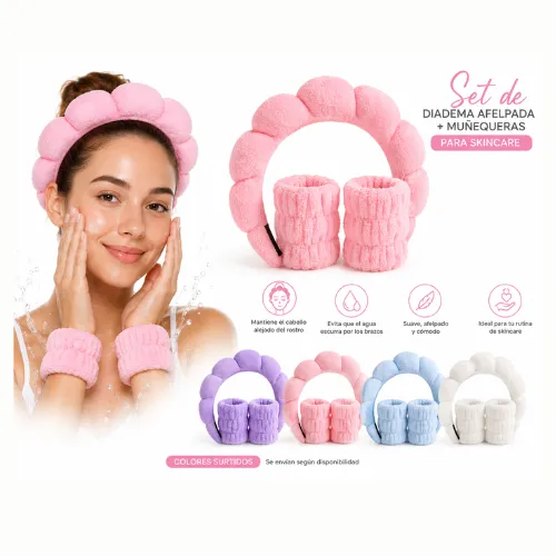 DIADEMA AFELPADA CON MUÑEQUERAS PARA SKINCARE EN COLORES SURTIDOS