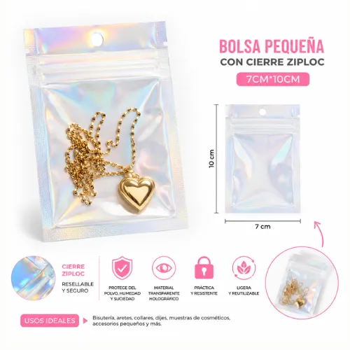BOLSA PLATEADA HOLOGRAFICA PEQUEÑA CON CIERRE ZIPLOC 7CM*10CM