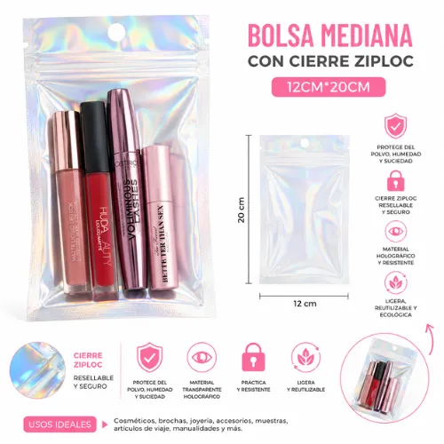 BOLSA PLATEADA HOLOGRAFICA MEDIANA CON CIERRE ZIPLOC 12CM*20CM