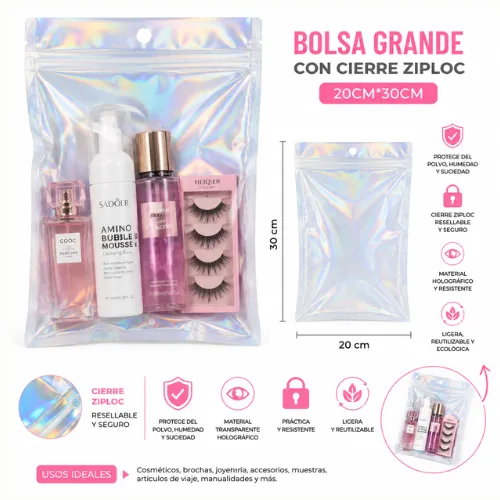 BOLSA PLATEADA HOLOGRAFICA GRANDE CON CIERRE ZIPLOC 20CM*30CM