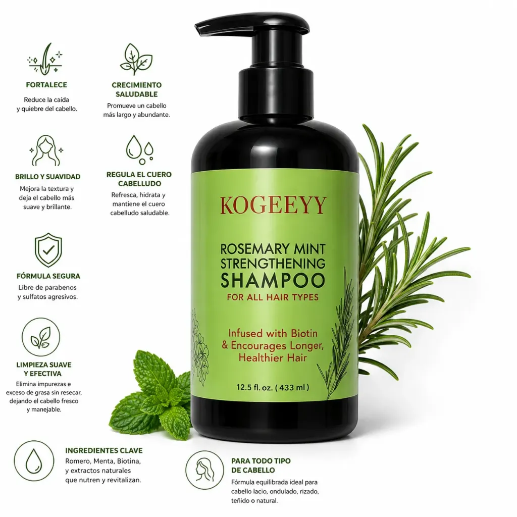 SHAMPOO FORTALECEDOR DE CABELLO CON EXTRACTO DE ROMERO Y MENTA KOGEEYY 400ML
