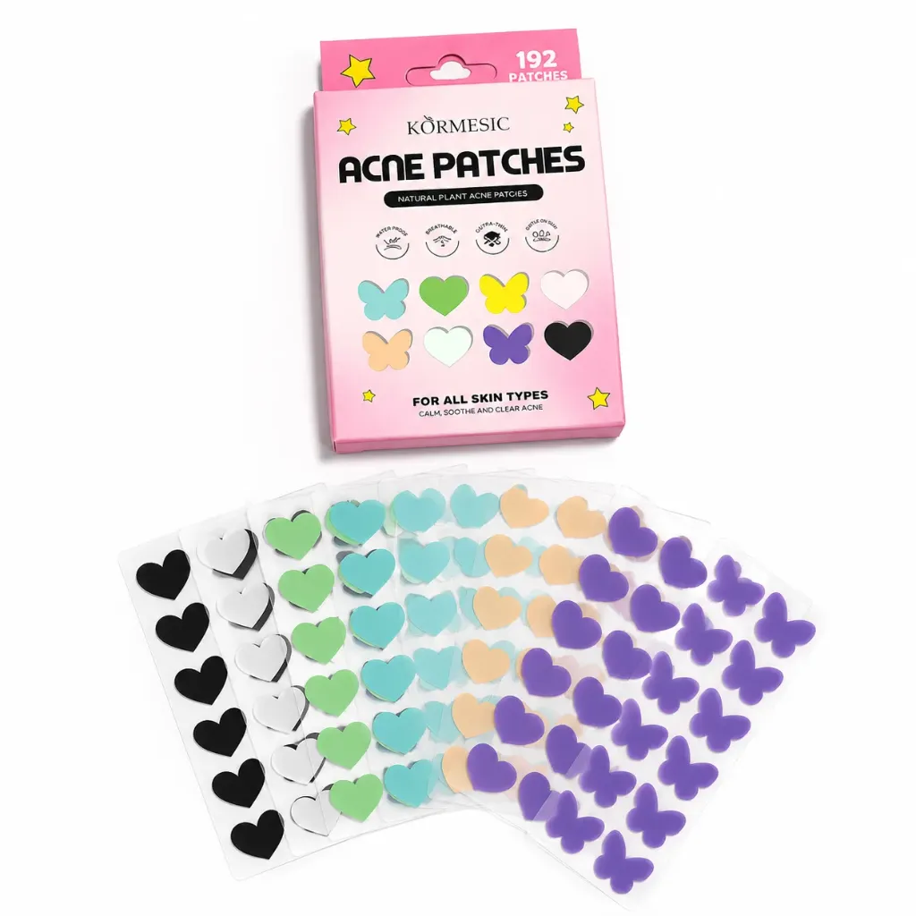 PARCHES PARA ACNE EN FORMA DE MARIPOSA Y CORAZON KORMESIC 192 PCS
