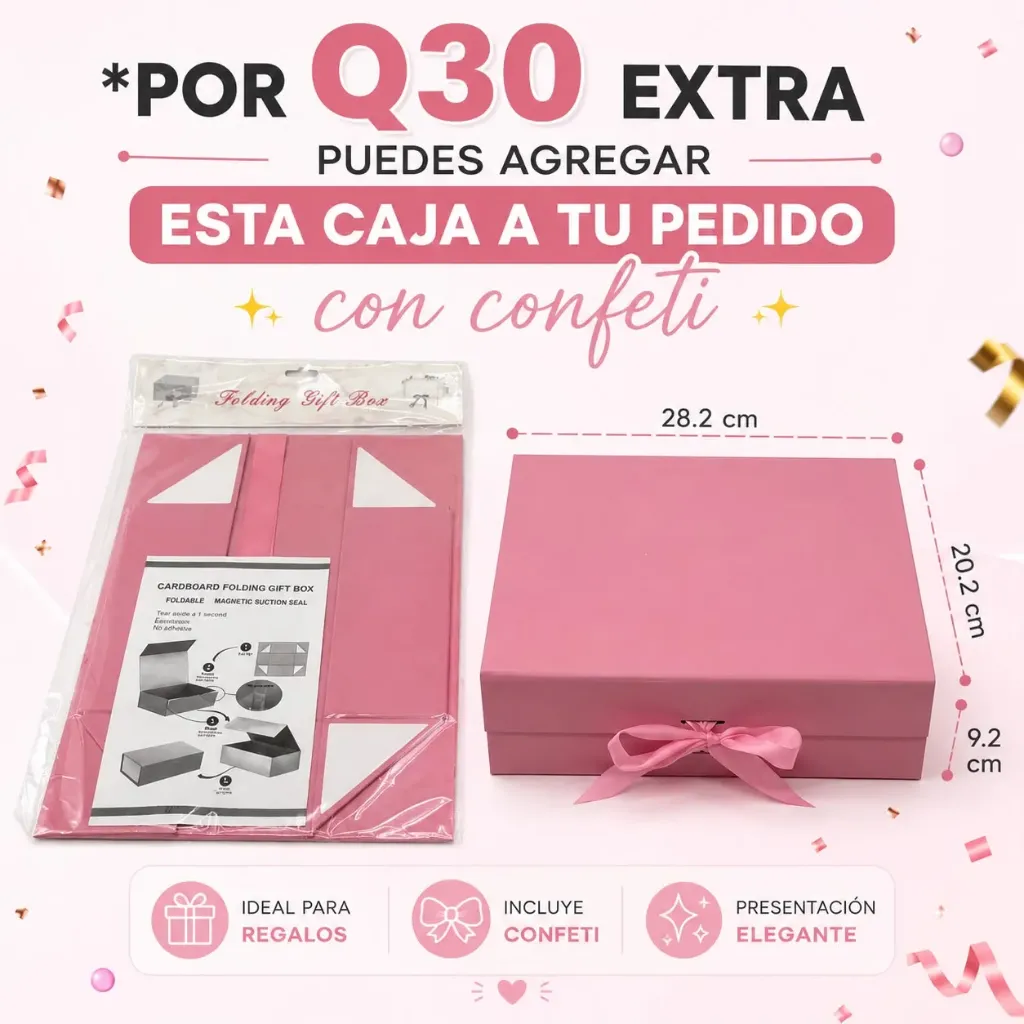 CAJA ROSADA CON CONFETI 28.20 CM x 20.20 CM