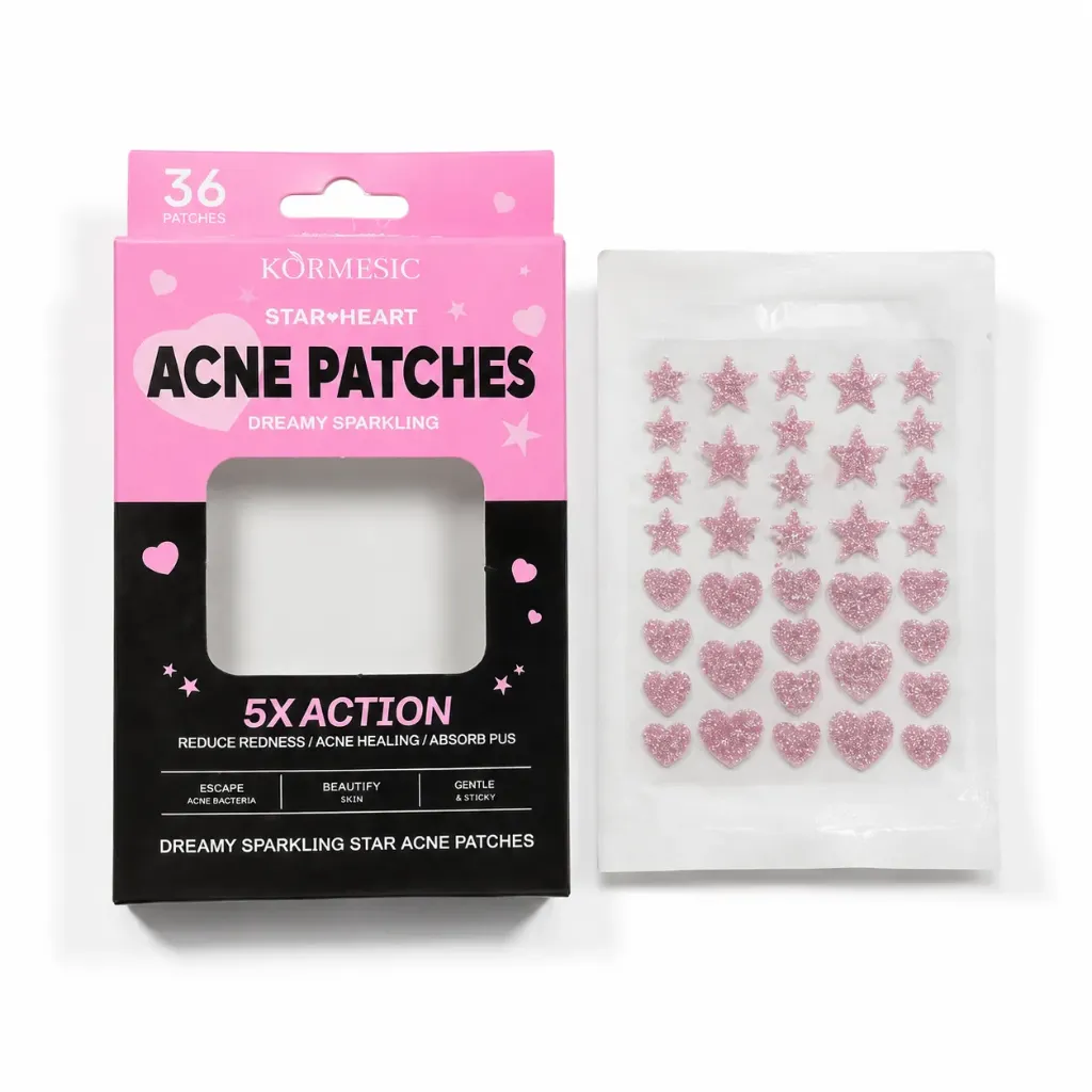 PARCHES PARA ACNE EN FORMA DE CORAZONES Y ESTRELLAS CON GLITTER KORMESIC 36PCS