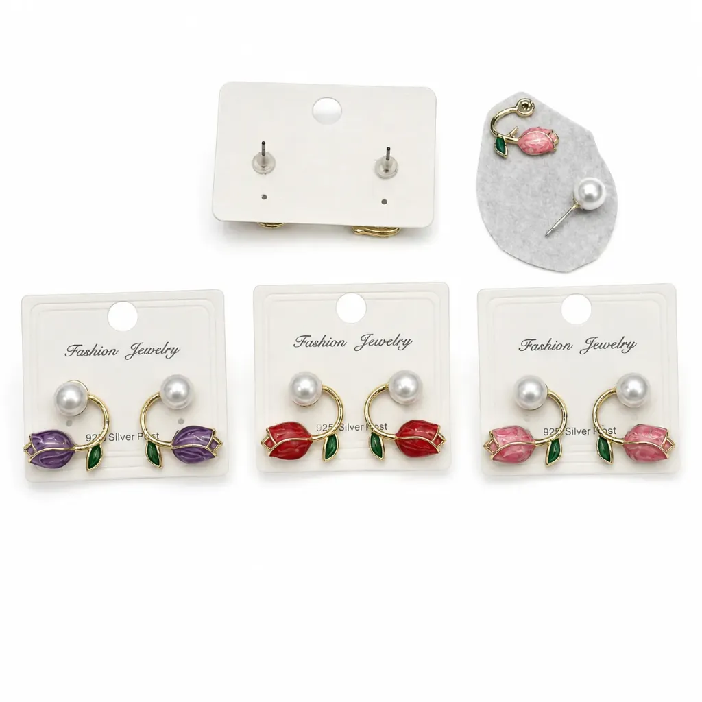 PAR DE ARETES DE TULIPAN DE COLORES SURTIDOS CON PERLA FASHION JEWELRY