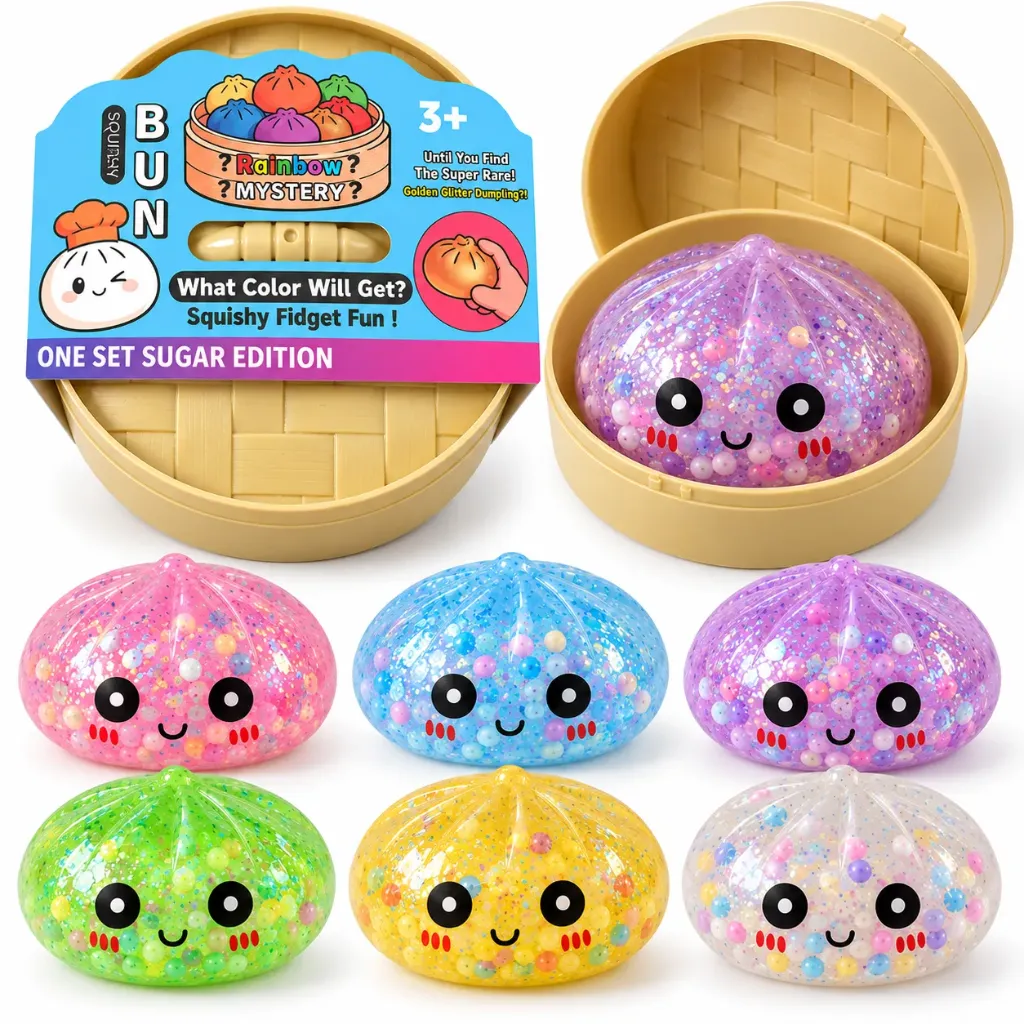DUMPLINGS SQUISHY CON GLITTER Y CAPSULAS DE HIDROGEL DE COLORES SURTIDOS