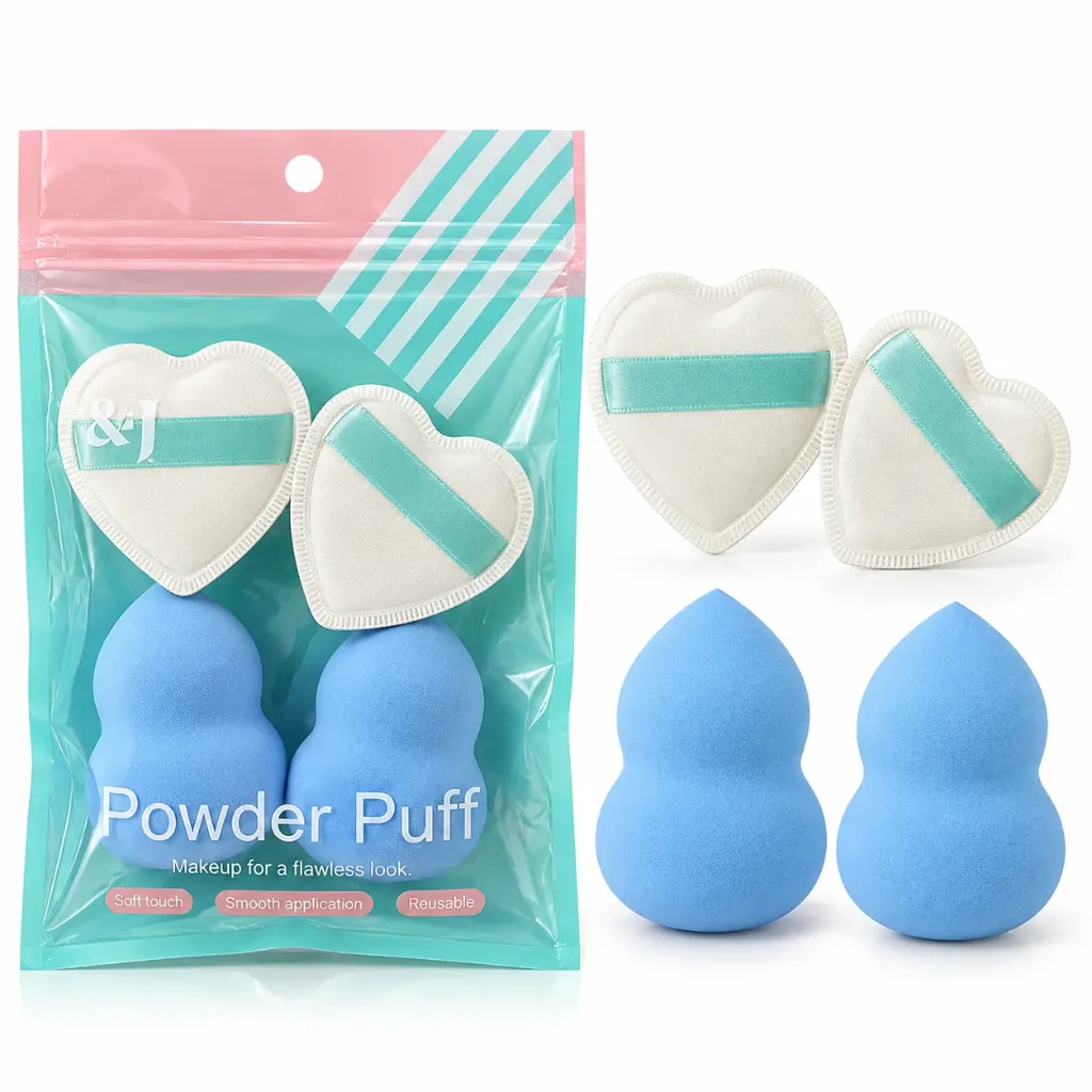 SET DE 2 BORLAS EN FORMA DE CORAZON Y 2 ESPONJAS PARA MAQUILLAJE POWDER PUFF