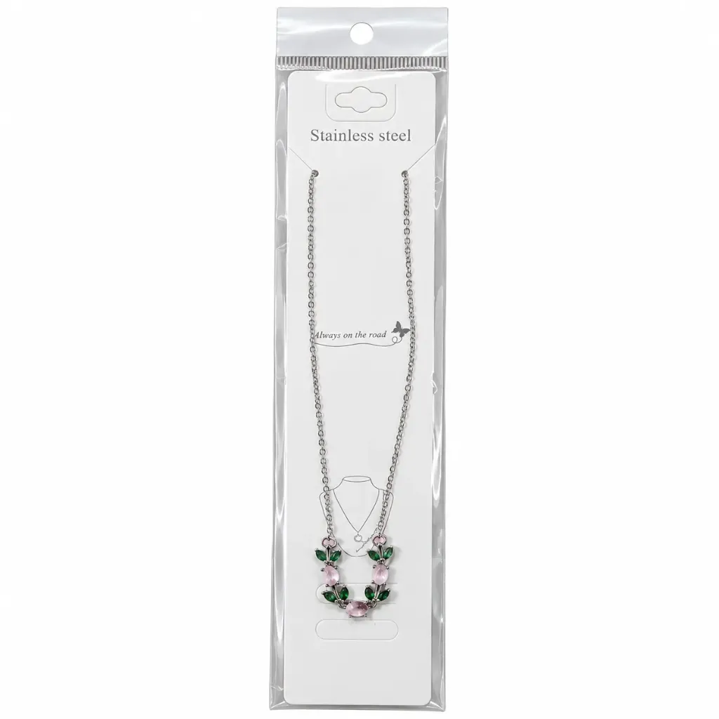 COLLAR DE CADENA PLATEADA CON DISEÑO DE TULIPAN ROSA Y VERDE ACERO INOXIDABLE