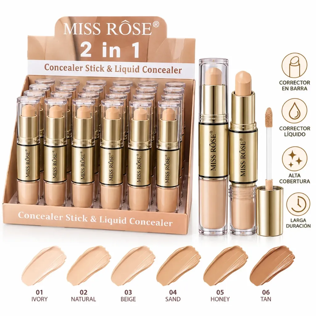 CORRECTOR 2 EN 1 DE ALTA COBERTURA EN BARRA Y LIQUIDO MISS ROSE