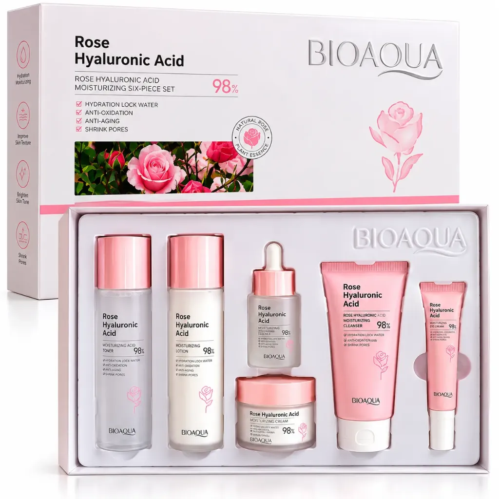 SET DE CUIDADO FACIAL DE 6 PCS HIDRATACIÓN PROFUNDA BIOAQUA DE ROSAS Y ACIDO HYALURONICO