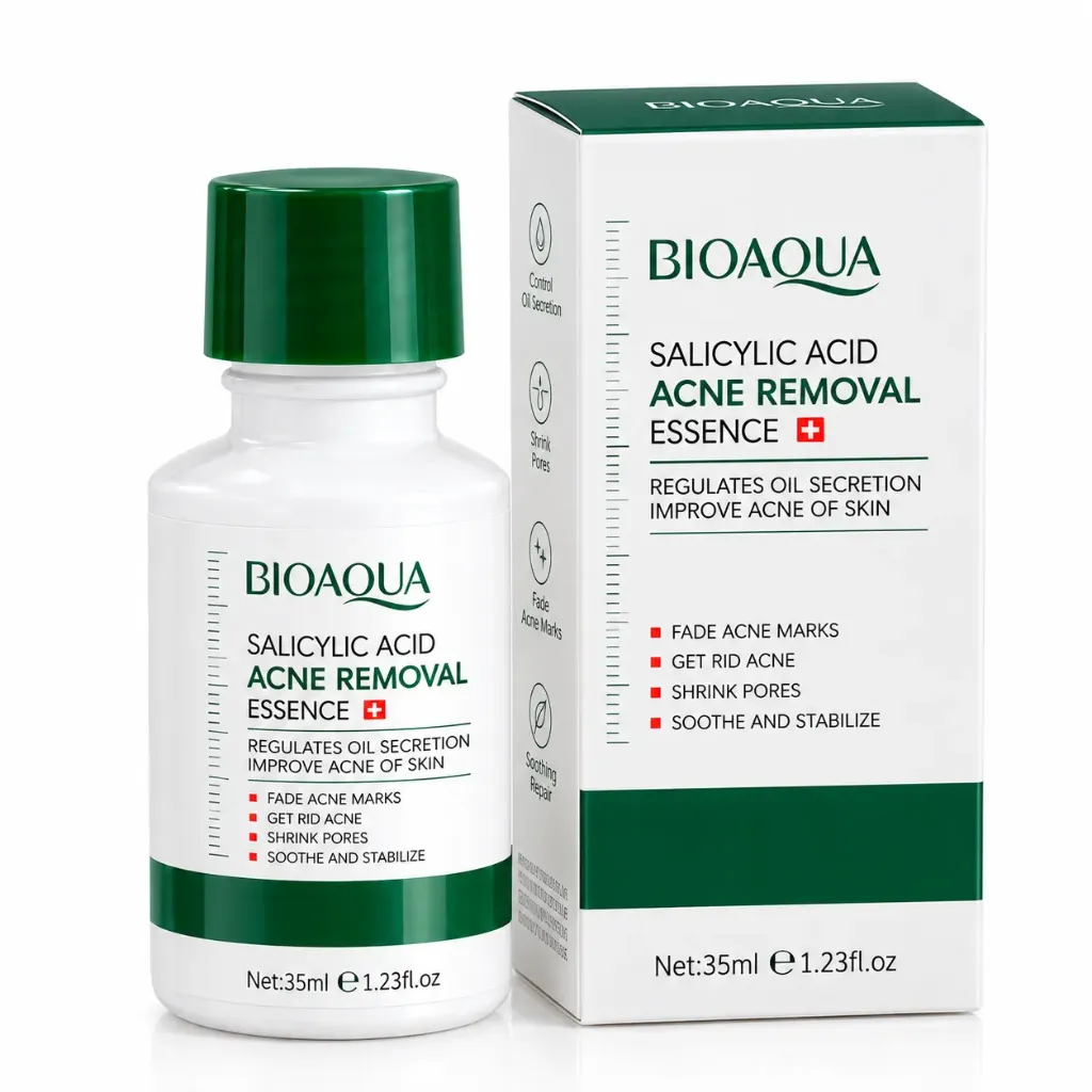 SUERO DE ACIDO SALICILICO REMOVEDOR DE ACNE Y CONTROL GRASA BIOAQUA 35ML CAJA BLANCA CON VERDE