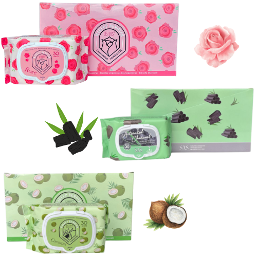 [250501] TOALLITAS DESMAQUILLANTES DE CARBON ACTIVO, COCO Y ROSAS